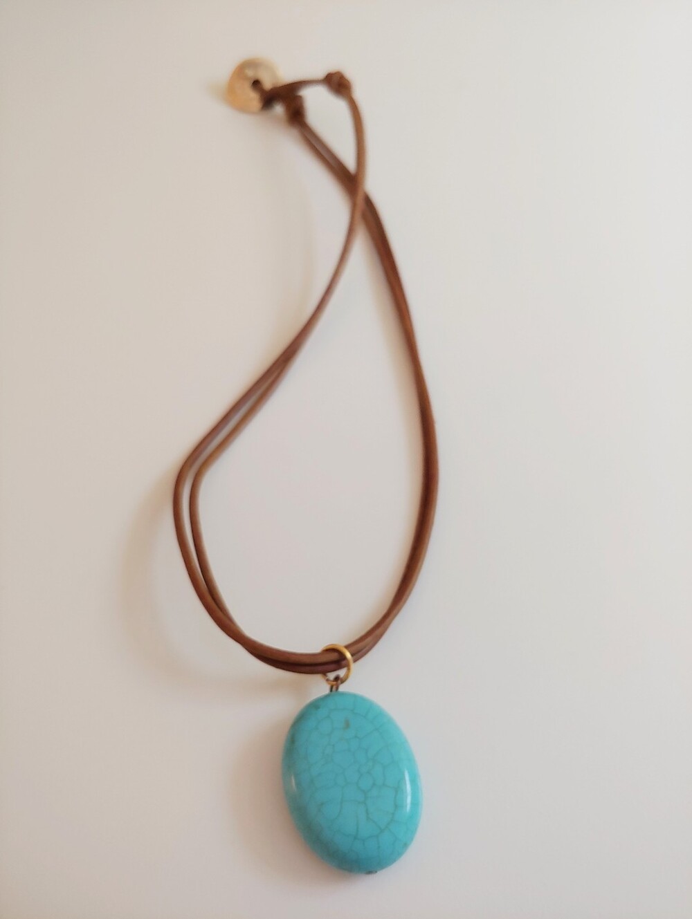 Turquoise Oval Stone Pendant Necklace on Brown Cord Made In Athens